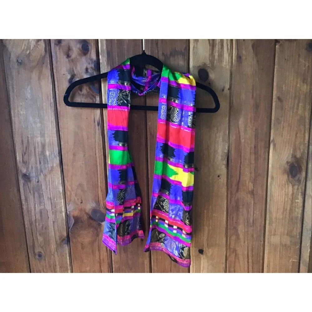 Jewel Tone Stripe Floral Rectangle Scarf Silky Head Wrap Neck Hair Scarf Silky